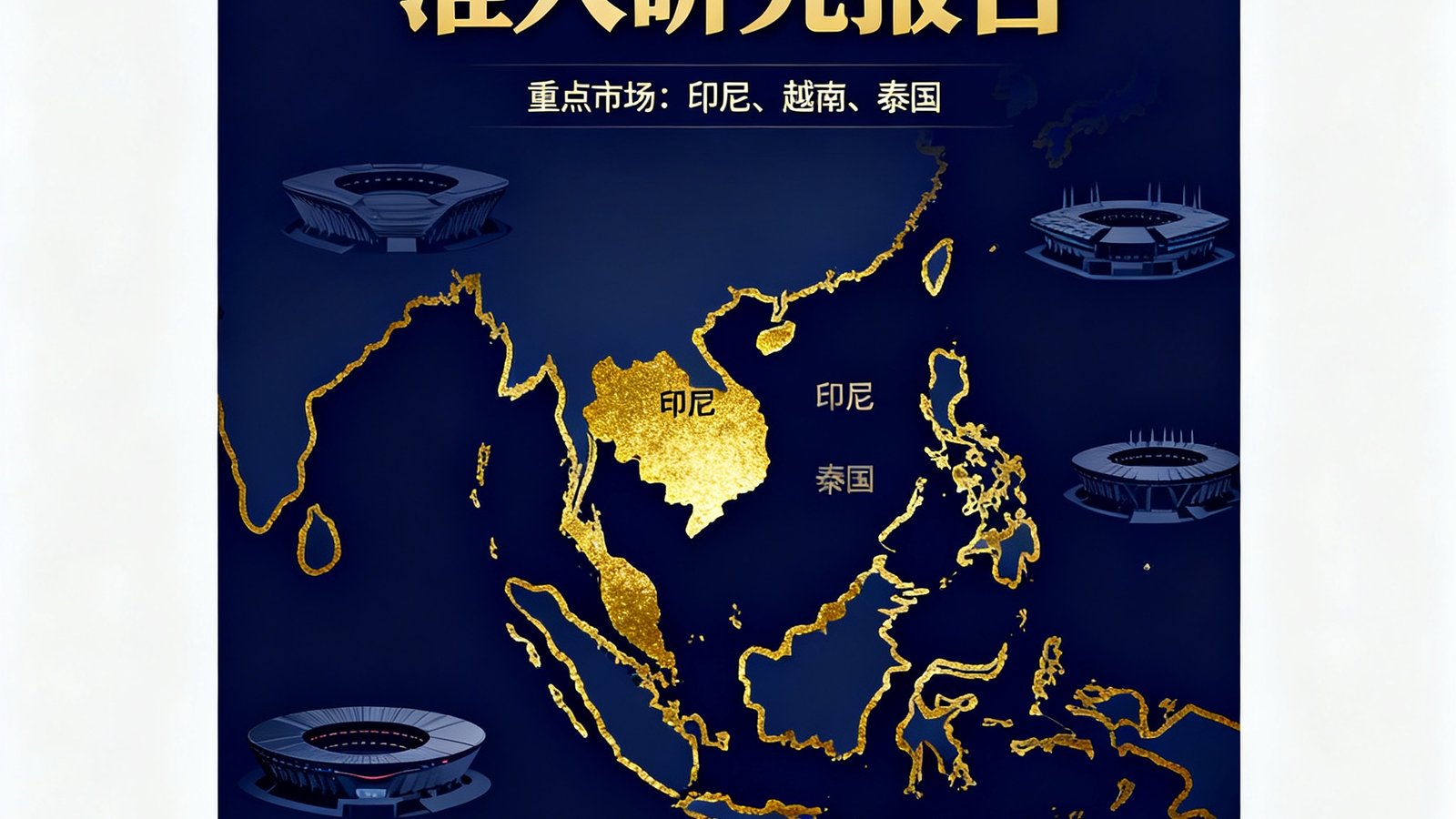 一份东南亚电竞市场准入研究报告的封面，封面以深蓝和金色为主色调，印有东南亚地图轮廓和电竞场馆剪影，突出显示印尼、越南、泰国三个重点市场。